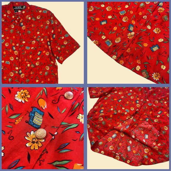 1980s red floral blouse by SK Wear, size S vintage 80s patterned blouse - Picture 7 of 9